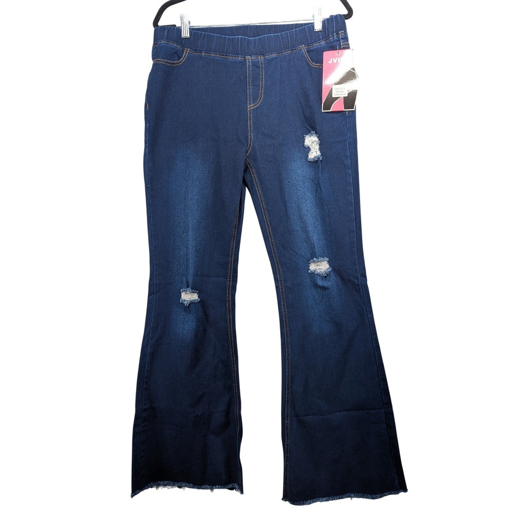 Jvini Womens XL Dark Blue Distressed Flare Leg Pull On Stretch Jeans Pants‎ NWT